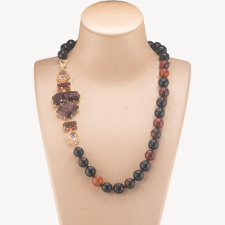 Collana Bijoux Con Pietre Dure e Laterale in Cristalli e Occhi di Gatto 60cm Marrone Viola