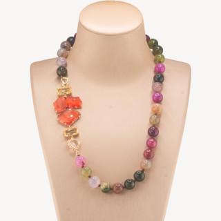 Collana Bijoux Con Pietre Dure e Laterale in Cristalli e Occhi di Gatto 60cm Mix e Arancio