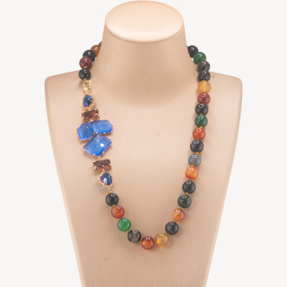 Collana Bijoux Con Pietre Dure e Laterale in Cristalli e Occhi di Gatto 60cm Mix e Blu