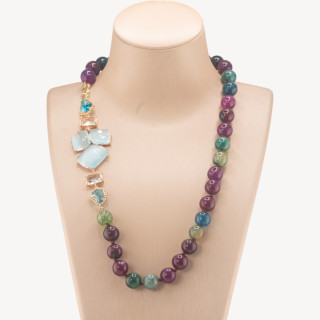 Collana Bijoux Con Pietre Dure e Laterale in Cristalli e Occhi di Gatto 60cm Mix E Celeste