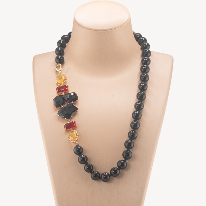 Collana Bijoux Con Pietre Dure e Laterale in Cristalli e Occhi di Gatto 60cm Onice e Nero