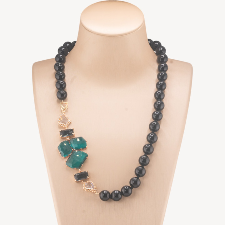 Collana Bijoux Con Pietre Dure e Laterale in Cristalli e Occhi di Gatto 60cm Onice e Verde