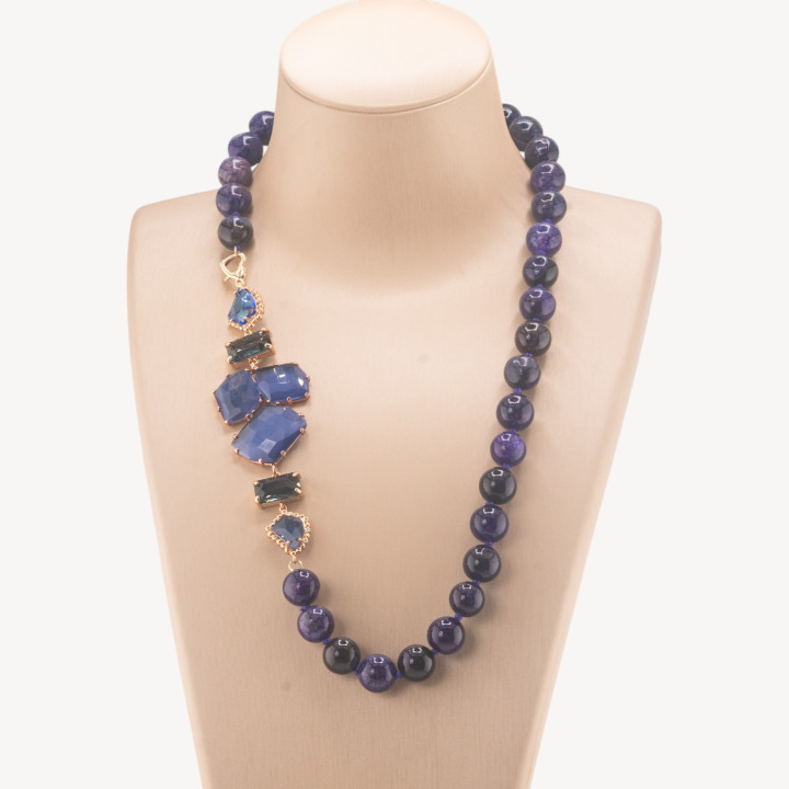 Collana Bijoux Con Pietre Dure e Laterale in Cristalli e Occhi di Gatto 60cm Viola