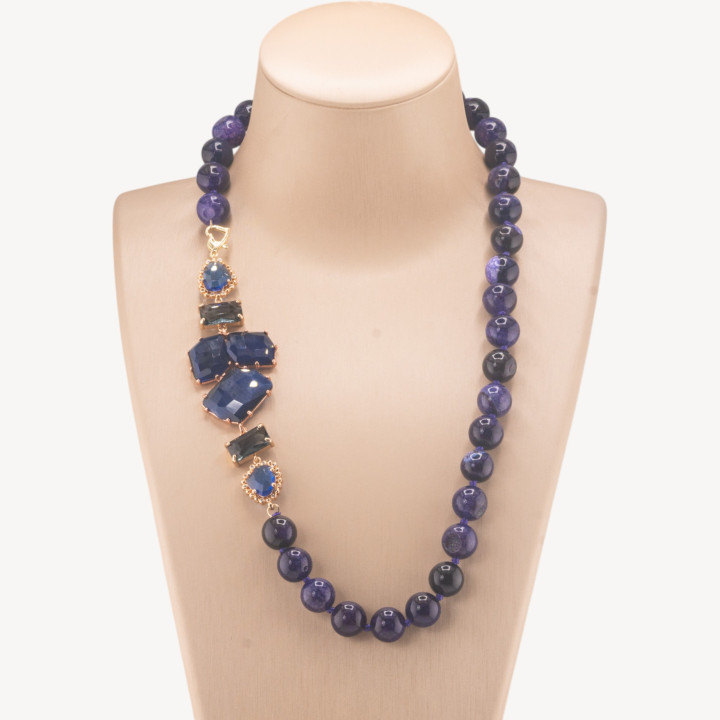 Collana Bijoux Con Pietre Dure e Laterale in Cristalli e Occhi di Gatto 60cm Viola