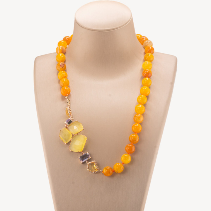 Collana Bijoux Con Pietre Dure e Laterale in Cristalli e Occhi di Gatto 60cmGiallo