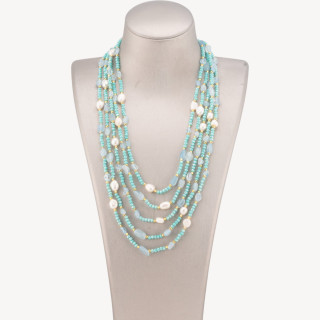 Collana Bijoux Girocollo 5 Fili Con Pietre Dure, Perle Naturali E Cristalli 50cm Acquamarina