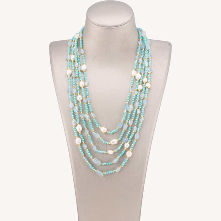 Collana Bijoux Girocollo 5 Fili Con Pietre Dure, Perle Naturali E Cristalli 50cm Acquamarina