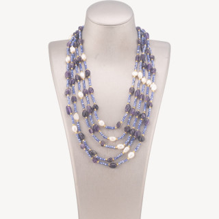 Collana Bijoux Girocollo 5 Fili Con Pietre Dure, Perle Naturali E Cristalli 50cm Ametista