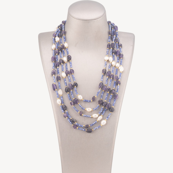 Collana Bijoux Girocollo 5 Fili Con Pietre Dure, Perle Naturali E Cristalli 50cm Ametista