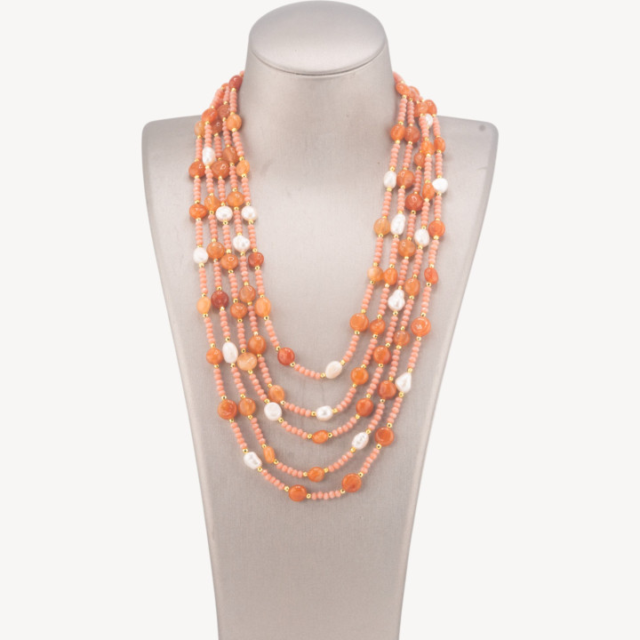 Collana Bijoux Girocollo 5 Fili Con Pietre Dure, Perle Naturali E Cristalli 50cm Corniola