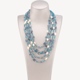 Collana Bijoux Girocollo 5 Fili Con Pietre Dure, Perle Naturali E Cristalli 50cm Cristallo Di Rocca Blu