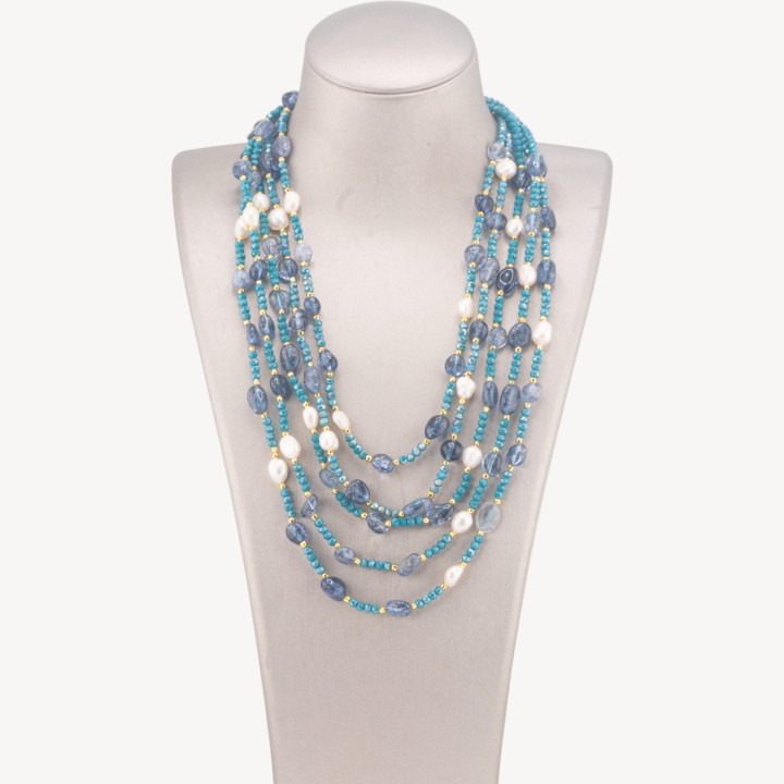 Collana Bijoux Girocollo 5 Fili Con Pietre Dure, Perle Naturali E Cristalli 50cm Cristallo Di Rocca Blu