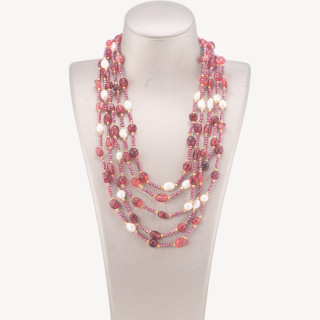 Collana Bijoux Girocollo 5 Fili Con Pietre Dure, Perle Naturali E Cristalli 50cm Cristallo Di Rocca Rosso