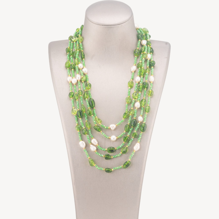 Collana Bijoux Girocollo 5 Fili Con Pietre Dure, Perle Naturali E Cristalli 50cm Cristallo Di Rocca Verde