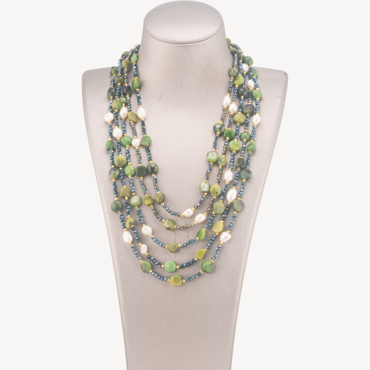 Collana Bijoux Girocollo 5 Fili Con Pietre Dure, Perle Naturali E Cristalli 50cm Giada Canadese