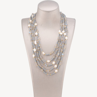 Collana Bijoux Girocollo 5 Fili Con Pietre Dure, Perle Naturali E Cristalli 50cm Grigio