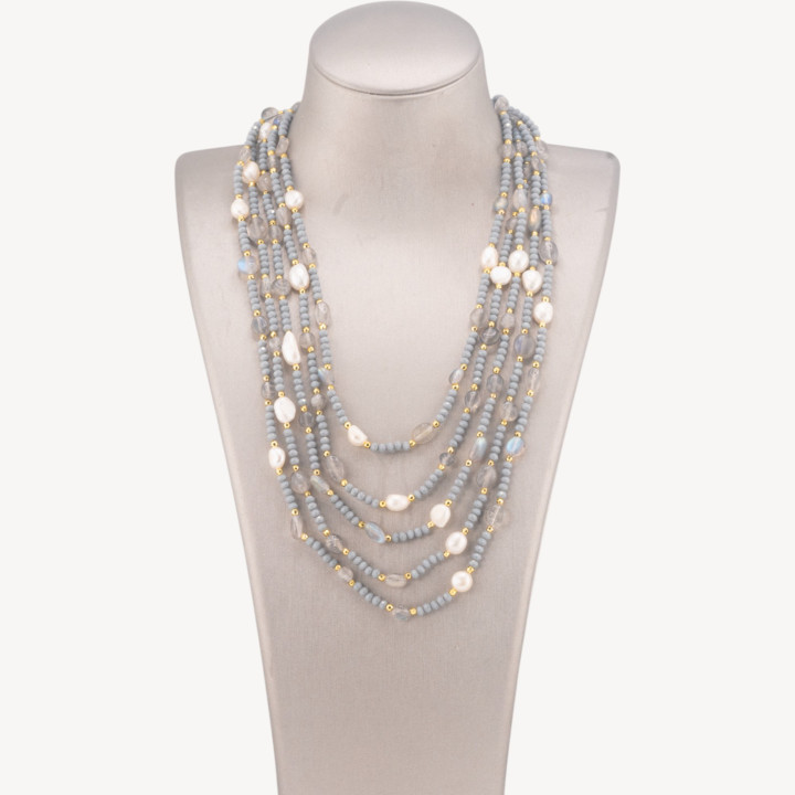 Collana Bijoux Girocollo 5 Fili Con Pietre Dure, Perle Naturali E Cristalli 50cm Grigio
