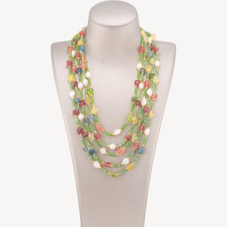 Collana Bijoux Girocollo 5 Fili Con Pietre Dure, Perle Naturali E Cristalli 50cm Multicolor