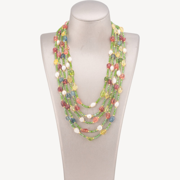 Collana Bijoux Girocollo 5 Fili Con Pietre Dure, Perle Naturali E Cristalli 50cm Multicolor