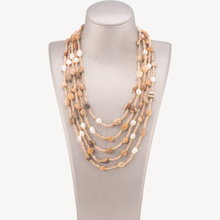 Collana Bijoux Girocollo 5 Fili Con Pietre Dure, Perle Naturali E Cristalli 50cm Pietra Paesina