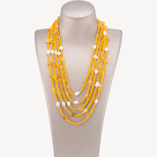 Collana Bijoux Girocollo 5 Fili Con Pietre Dure, Perle Naturali E Cristalli 50cm Quarzo Citrino