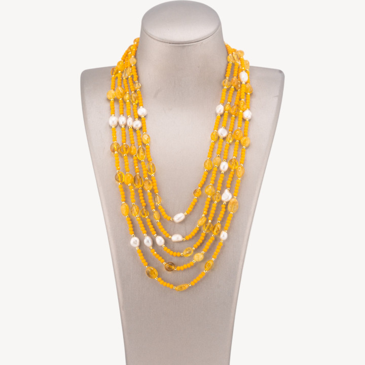 Collana Bijoux Girocollo 5 Fili Con Pietre Dure, Perle Naturali E Cristalli 50cm Quarzo Citrino