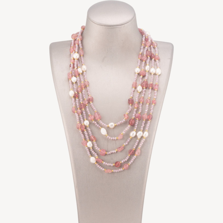 Collana Bijoux Girocollo 5 Fili Con Pietre Dure, Perle Naturali E Cristalli 50cm Rosa Cipria