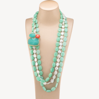 Collana Di Perle Di Fiume E Pietre Dure Ovali Con Laterale Di Pietre Dure Grezze Dorate 70cm