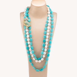 Collana Di Perle Di Fiume E Pietre Dure Ovali Con Laterale Di Pietre Dure Grezze Dorate 70cm Celeste