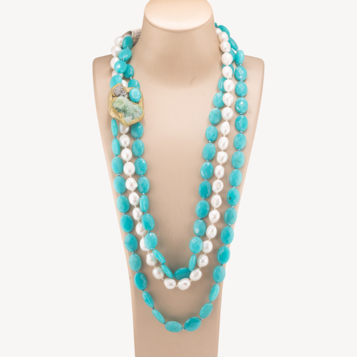Collana Di Perle Di Fiume E Pietre Dure Ovali Con Laterale Di Pietre Dure Grezze Dorate 70cm Celeste