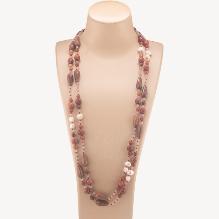 Collana Di Pietre Dure A Goccia E Sfere Con Perle Di Fiume Con Nodini 160cm Marrone