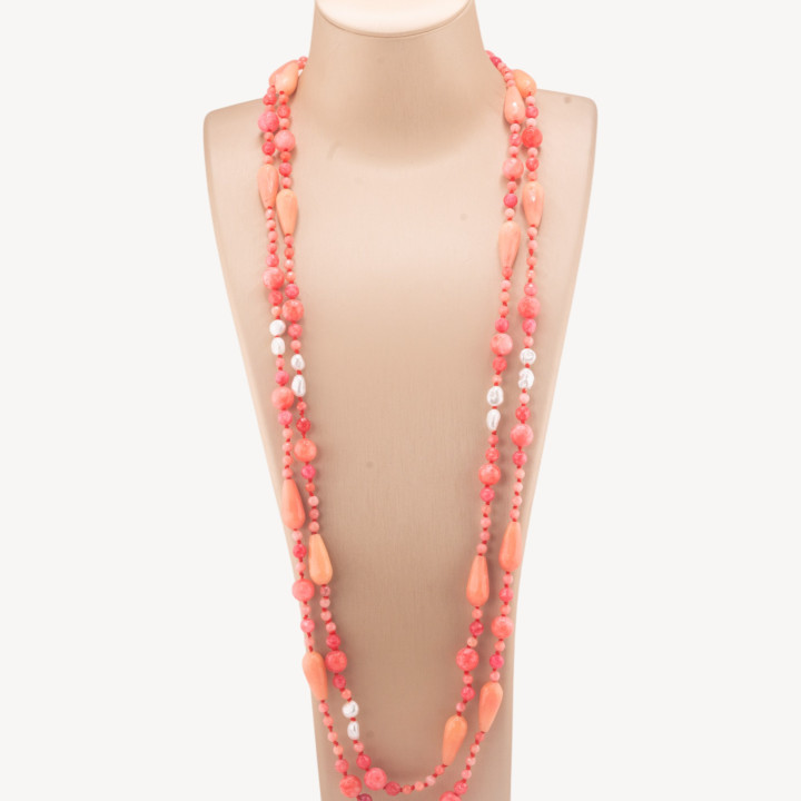 Collana Di Pietre Dure A Goccia E Sfere Con Perle Di Fiume Con Nodini 160cm Pesca