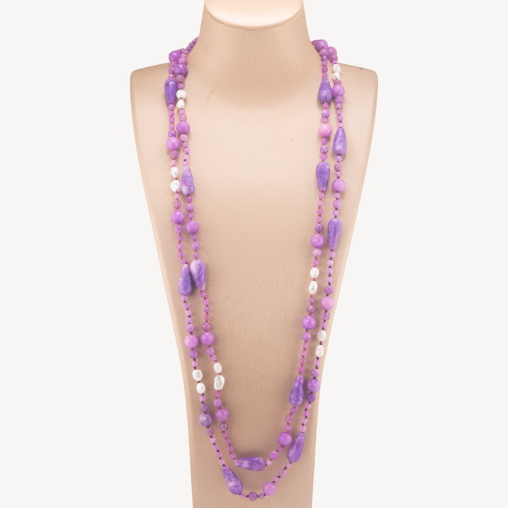 Collana Di Pietre Dure A Goccia E Sfere Con Perle Di Fiume Con Nodini 160cm Viola