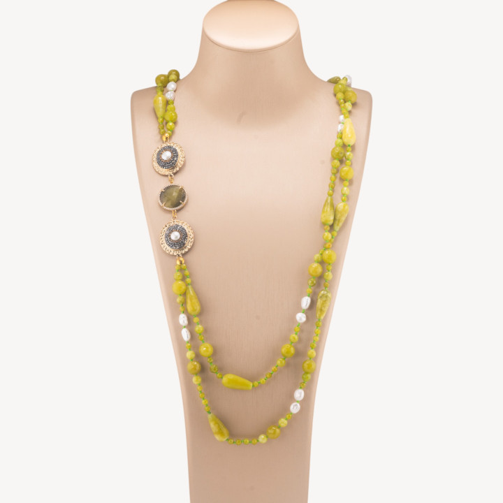Collana Di Pietre Dure Con Componenti Di Marcasite E Bronzo 90cm Verde