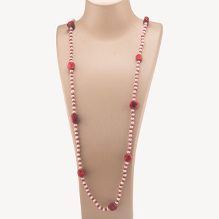 Collana Di Pietre Dure Con Perle Di Fiume E Corallo Bamboo Rosso Forme 133cm