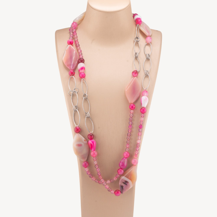 Collana Lunga Di Pietre Dure Fantasia Con Catene Di Ottone 140cm