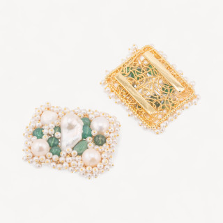 Componente Centrale Con Perline, Pietre Dure E Perle Di Fiume Ammagliato Su Filigrana 35x45mm 1pz Dorato Agata Verde