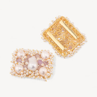 Componente Centrale Con Perline, Pietre Dure E Perle Di Fiume Ammagliato Su Filigrana 35x45mm 1pz Dorato Ametista Lavanda