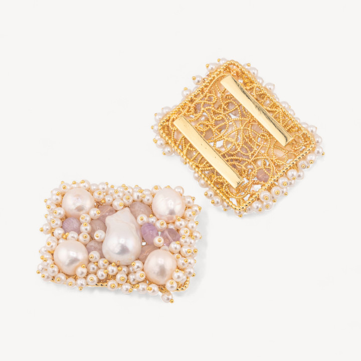 Componente Centrale Con Perline, Pietre Dure E Perle Di Fiume Ammagliato Su Filigrana 35x45mm 1pz Dorato Ametista Lavanda