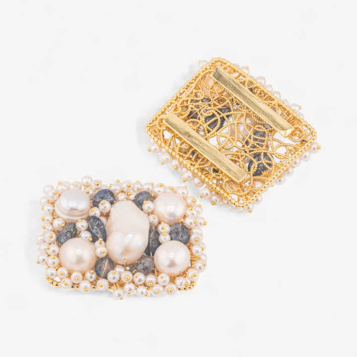 Componente Centrale Con Perline, Pietre Dure E Perle Di Fiume Ammagliato Su Filigrana 35x45mm 1pz Dorato Cristallo Di Rocca Blu