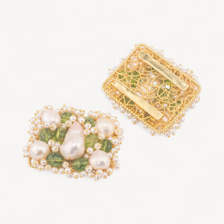 Componente Centrale Con Perline, Pietre Dure E Perle Di Fiume Ammagliato Su Filigrana 35x45mm 1pz Dorato Cristallo Di Rocca Per