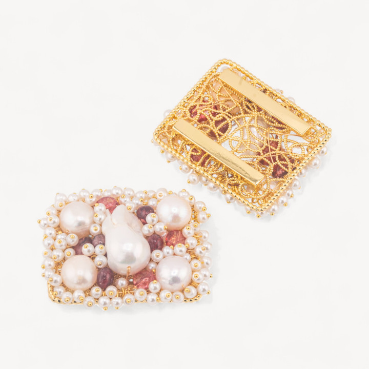 Componente Centrale Con Perline, Pietre Dure E Perle Di Fiume Ammagliato Su Filigrana 35x45mm 1pz Dorato Cristallo Di Rocca Rub