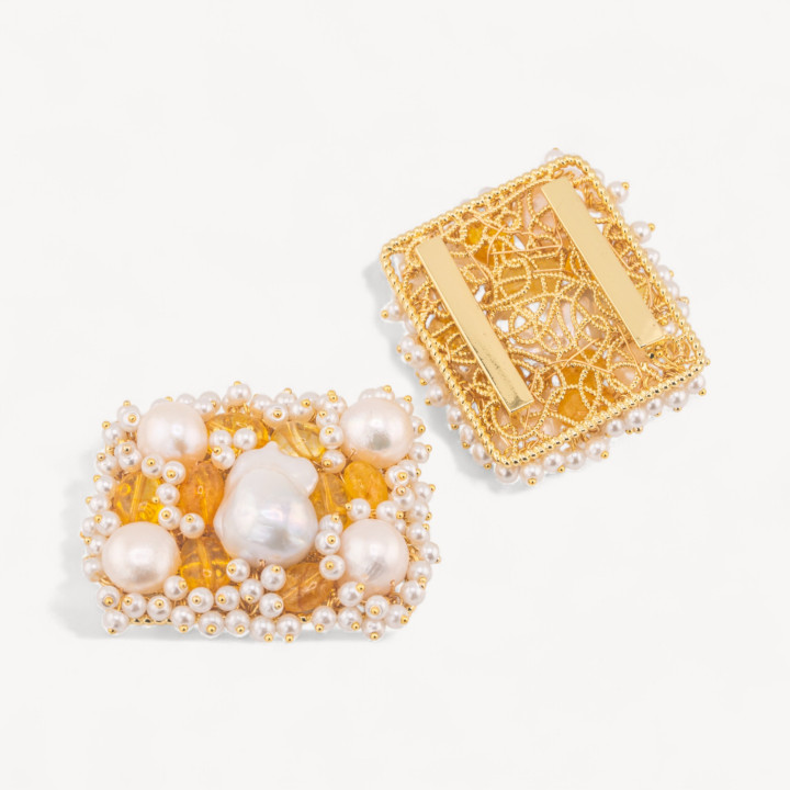 Componente Centrale Con Perline, Pietre Dure E Perle Di Fiume Ammagliato Su Filigrana 35x45mm 1pz Dorato Quarzo Citrino