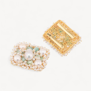 Componente Centrale Con Perline, Pietre Dure E Perle Di Fiume Ammagliato Su Filigrana 35x45mm 1pz Dorato Verde Chiaro