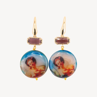 Orecchini a Perno Chiuso Di Bronzo Con Agata Pantografata Viola E Occhio Di Gatto Indaco 30x65mm