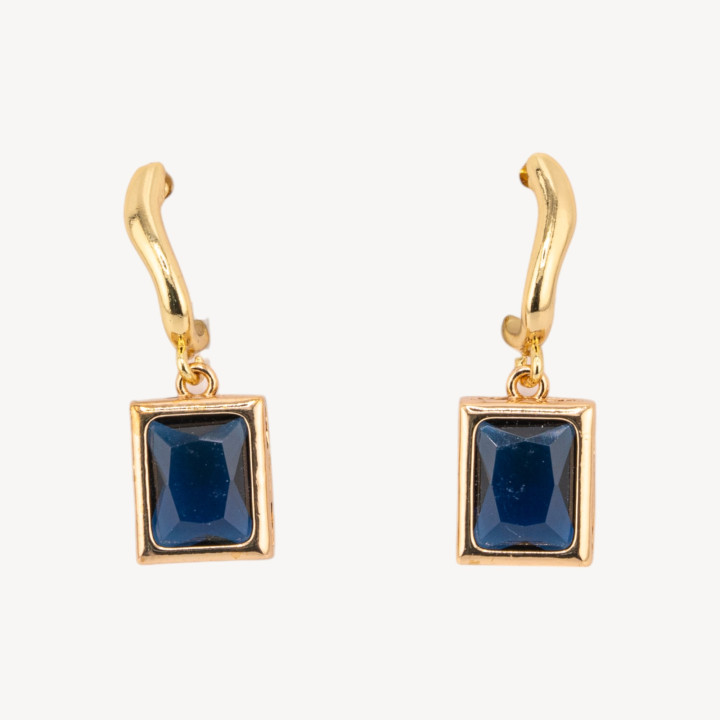 Orecchini A Perno Di Bronzo Con Cristalli Rettangolo Incastonato 10x30mm Dorato Blu Zaffiro