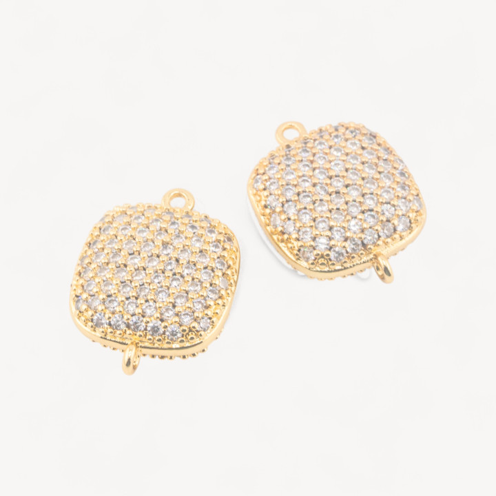 Connettore Componente Di Ottone Con Zirconi Pave' Quadrato 18mm Con 2 Anellini 6pz Dorato