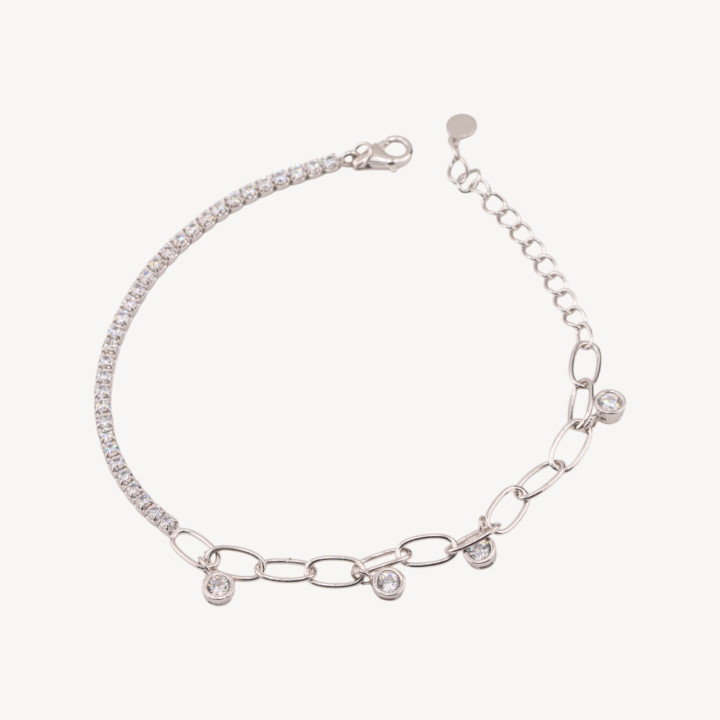 Bracciale In Argento 925 Tennis Con Zircone E Catena Estensore Con Pendente Rodiato Bianco Clear