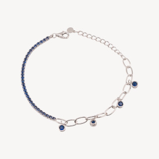 Bracciale In Argento 925 Tennis Con Zircone E Catena Estensore Con Pendente Rodiato Blu Zafiro