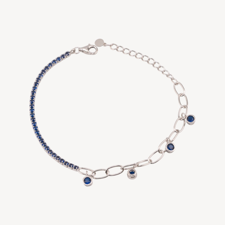 Bracciale In Argento 925 Tennis Con Zircone E Catena Estensore Con Pendente Rodiato Blu Zafiro
